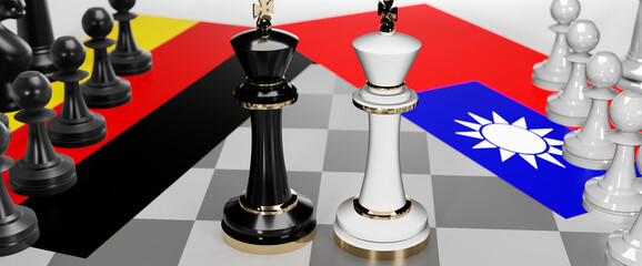 Germany and Taiwan - talks, debate, dialog or a confrontation between those two countries shown as two chess kings with flags that symbolize art of meetings and negotiations, 3d illustration