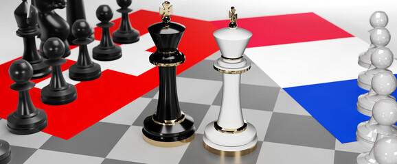 Switzerland and France - talks, debate, dialog or a confrontation between those two countries shown as two chess kings with flags that symbolize art of meetings and negotiations, 3d illustration