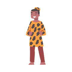 Barefoot African Aboriginal Man Character Dressed in Leopard Animal Skin Vector Illustration