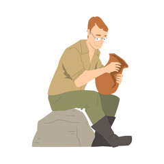 Man Archaeologist Sitting on Rock with Ancient Amphora Working on Excavations in Search of Archaeological Remains Vector Illustration
