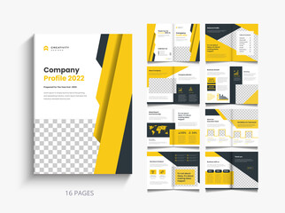 Sixteen Pages company profile brochure . Brochure creative design. Multipurpose template with cover, back and . Trendy minimalist flat geometric design.	