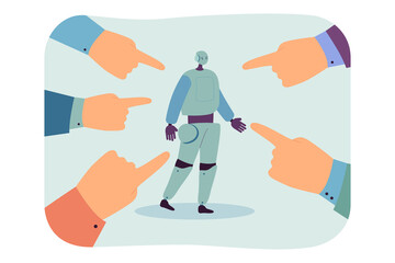 Humanoid robot surrounded by hands pointing fingers. People blaming artificial intelligence flat vector illustration. Fear of modern technologies concept for banner, website design or landing web page