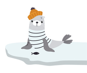 Cute Fur Seal as Arctic Animal in Knitted Hat Sitting on Glacier Vector Illustration © topvectors
