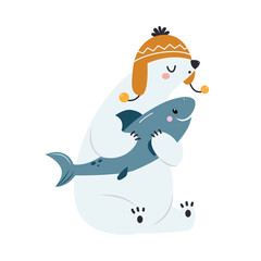 Cute Polar Bear as Arctic Animal in Knitted Hat Sitting and Holding Fish Vector Illustration
