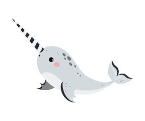 Cute Narwhal as Arctic Animal with Long Tusk Vector Illustration