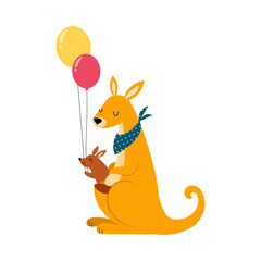 Kangaroo as Australian Animal with Baby Sitting in Pouch and Holding Balloons Vector Illustration