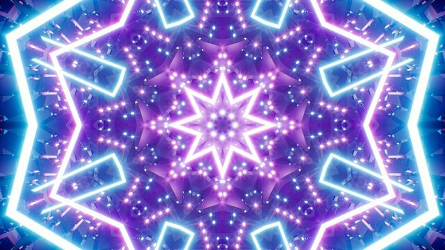 Geometric Kaleidoscope Pattern Neon Light Crystal Structure 3D Rendering