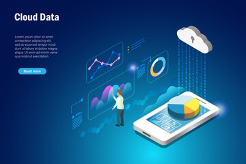 Cloud computing data storage. Businessman analysing graph chart from online cloud on smart phone. Smart digital network storage sharing technology for business concept. 3D Isometric vector.