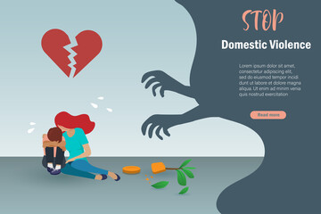 Stop domestic violence, family abuse concept. Scared mother and boy sitting and crying sadness with broken tree pot and aggressive devil hands