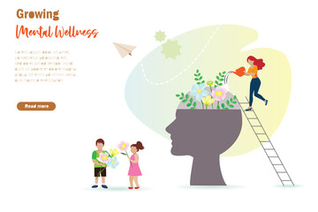 Growing mental wellness, mindfulness and positive thinking in family and kids. Mother growing flowers in human brain with happy boy and girl.