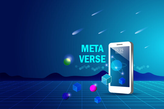 Metaverse, virtual reality technology, user interface 3D experience with smartphone and digital devices. Smartphone with word metaverse in virtual space and universe.