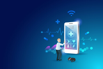 Online senior health care, virtual hospital and online consultation. Elderly man using medical app on smart phone consult health problem with doctor. Medical and healthcare technology concept.