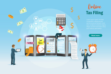 Online tax filing, income e tax and tax refund on smartphone screen. Business man and woman using financial app on smart phone online submit paperless tax filing. 3D vector. - obrazy, fototapety, plakaty
