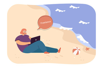 Obraz na płótnie Canvas Young woman with laptop lying on beach and working. Freelance female worker relaxing by sea flat vector illustration. Freelance, flexible workplace concept for banner, website design, landing web page
