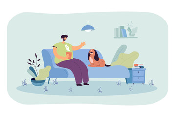 Man holding cup of coffee sitting on sofa with his dog. Spending time with domestic animal at home flat vector illustration. Pet care, leisure concept for banner, website design or landing web page