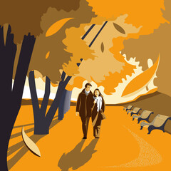 A guy and a girl are walking in the autumn park.Vector illustration.