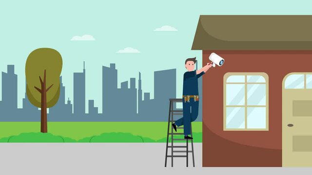 Young mechanic installing cctv camera at home