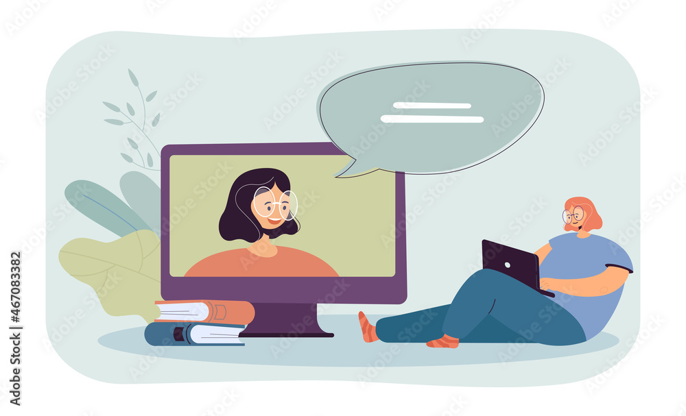 Poster Student with laptop sitting near big screen with teacher on it. Girl learning at home using devices flat vector illustration. Distance learning concept for banner, website design or landing web page