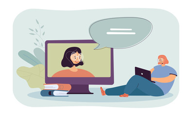 Student with laptop sitting near big screen with teacher on it. Girl learning at home using devices flat vector illustration. Distance learning concept for banner, website design or landing web page