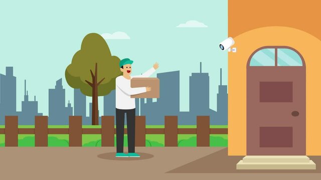 Male courier looking at cctv camera at home