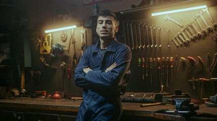 Serious handsome blacksmith man with workwear fold one's arms, looking at camera on awesome...