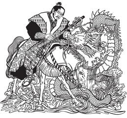 Fototapeta na wymiar Japanese dragon gives the samurai a katana sword. An East Asian mythological creature meeting a warrior. Graphic style black and white vector illustration