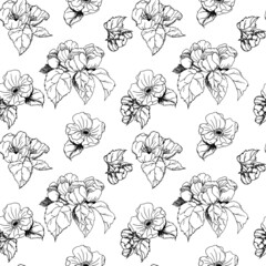 Seamless botanical pattern of flowers and leaves of apple tree. Spring petals and buds are hand-drawn on a white background. Realistic ink sketch. Vintage design for textiles, wallpapers, packaging.