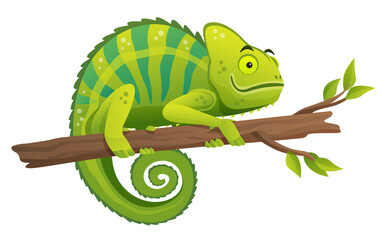 Fototapeta premium Cute chameleon sitting on branch cartoon illustration