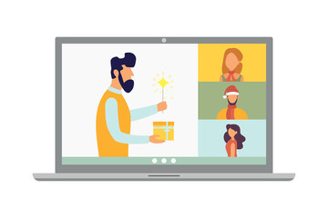 Christmas virtual meeting. Video call with friends at home. Vector illustration.