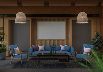3D illustration Mockup photo frame in living room rendering