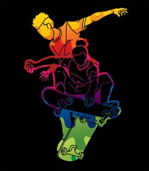 Group of People Playing Skateboard Together Skateboarder Action Extreme Sport Cartoon Graphic Vector