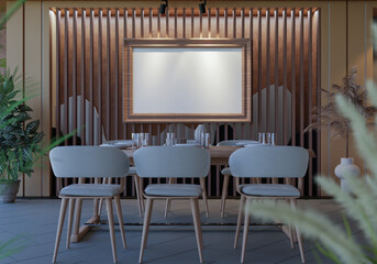 3D illustration Mockup photo frame in restaurant, rendering