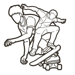 Group of People Playing Skateboard Together Skateboarder Action Extreme Sport Cartoon Graphic Vector
