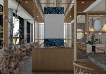3D illustration Mockup photo frame in restaurant, rendering