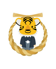 寅年　年賀状素材　アイコン　干支の可愛い漫画タッチの虎と緑のしめ縄飾りのイラスト　お正月イメージ