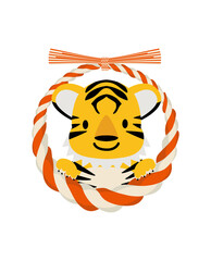 寅年　年賀状素材　アイコン　干支の可愛い漫画タッチの虎と紅白のしめ縄飾りのイラスト　お正月イメージ