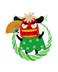 年賀状素材　アイコン　漫画タッチの獅子舞としめ縄飾りのイラスト　お正月イメージ