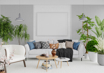 3D illustration Mockup photo frame in living room rendering