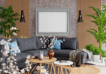 3D illustration Mockup photo frame in living room rendering