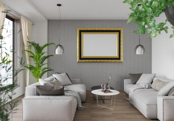 3D illustration Mockup photo frame in living room rendering