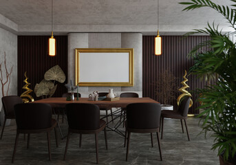 3D illustration Mockup photo frame in restaurant, rendering