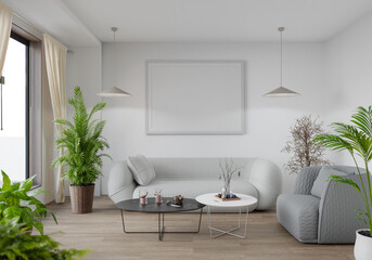 3D illustration Mockup photo frame in living room rendering