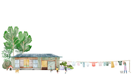 平家の庭で洗濯物を干す手描き水彩風イラスト