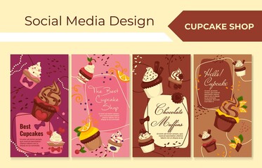 Cupcake shop, bakery with dessert set, vector illustration.