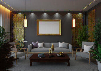 3D illustration Mockup photo frame in living room rendering