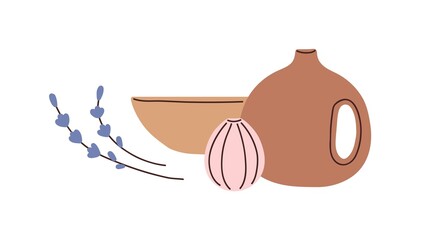Ceramic and clay crockery, vases and bowl for home decoration. Pottery and flowers composition for modern minimalistic interior decor. Flat vector illustration isolated on white background