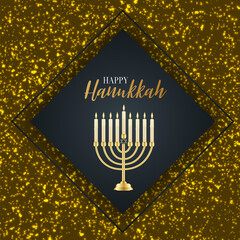 Happy Hanukkah. Traditional Jewish holiday. Chankkah banner, poster or flyer design concept. Judaic religion decor with Menorah, candles. Golden glitter decoration. Vector illustration.