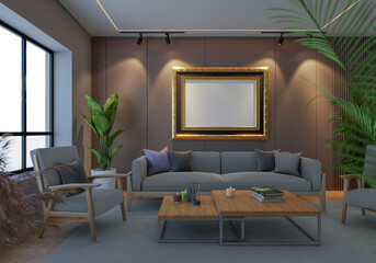 3D illustration Mockup photo frame in living room rendering