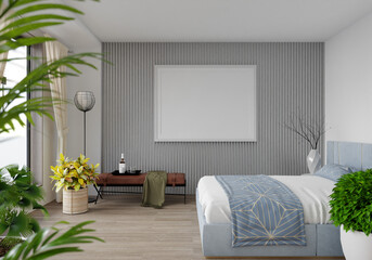 3D illustration Mockup photo frame in bedroom, rendering