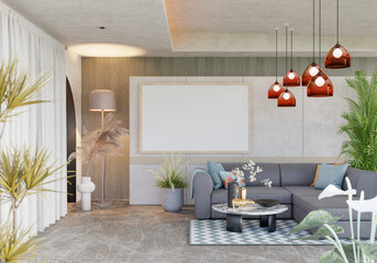 3D illustration Mockup photo frame in living room rendering